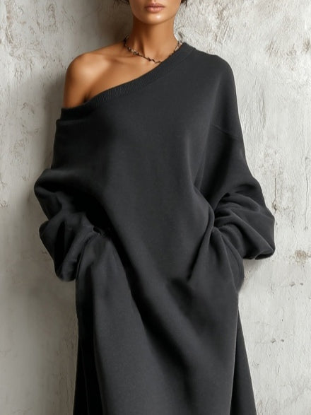 Zwarte Off-shoulder Sweatshirt Maxi Jurk