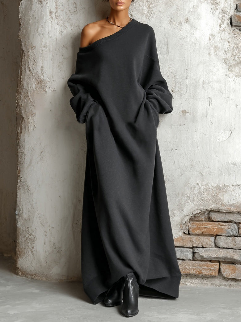 Zwarte Off-shoulder Sweatshirt Maxi Jurk