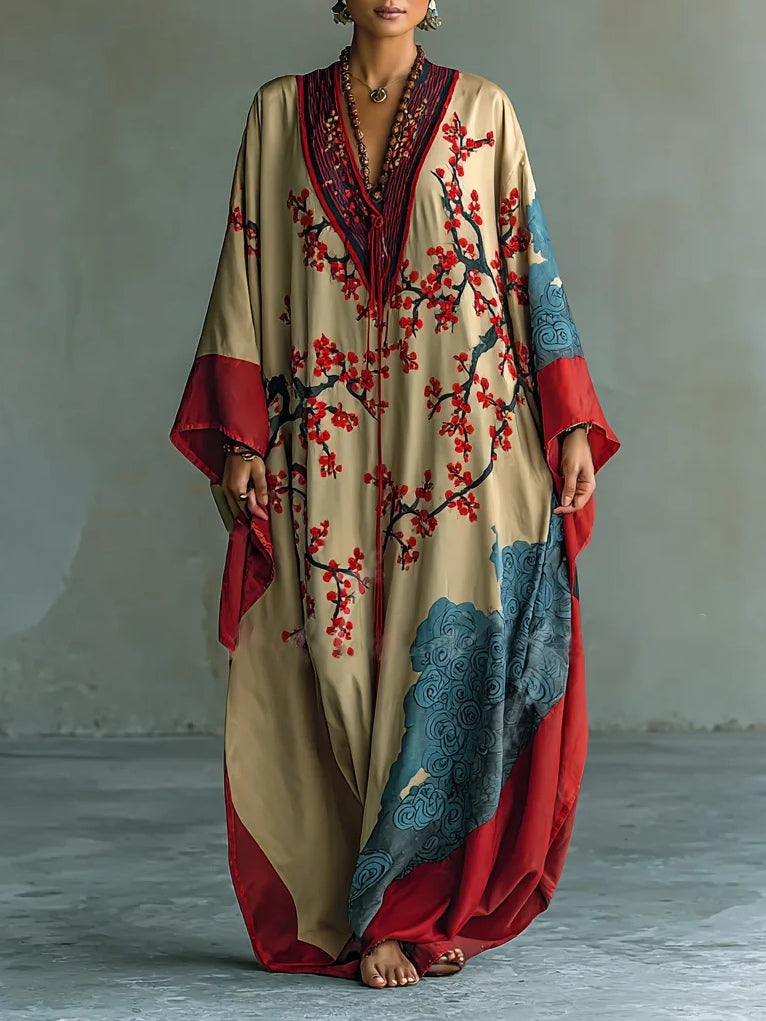 Japanse Rode Prunus Bloesem Print Batwing Mouw Maxi Jurk