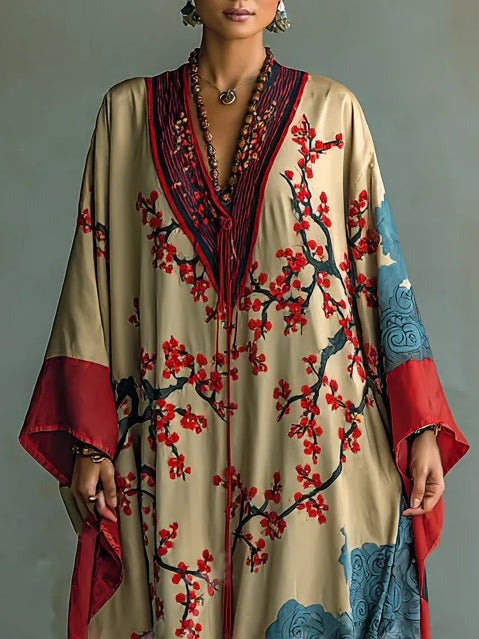 Japanse Rode Prunus Bloesem Print Batwing Mouw Maxi Jurk