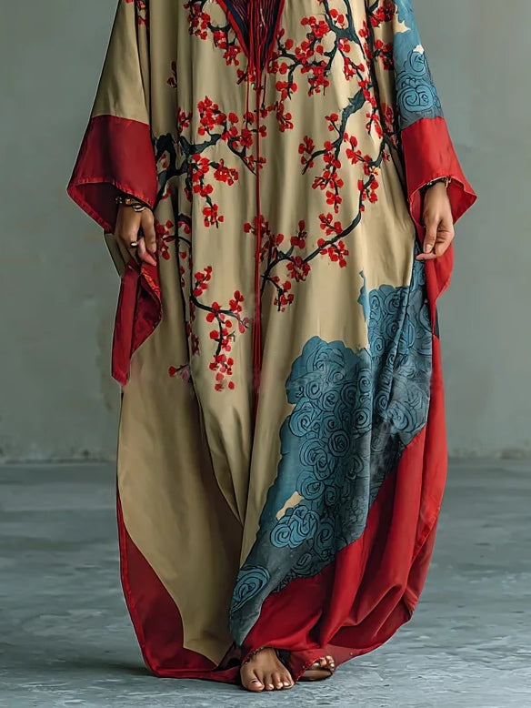 Japanse Rode Prunus Bloesem Print Batwing Mouw Maxi Jurk