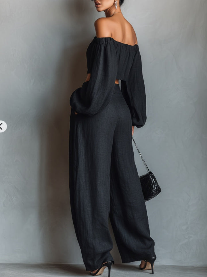 Zwarte Off-shoulder Lange Mouwen Top En Wijde Broek Set