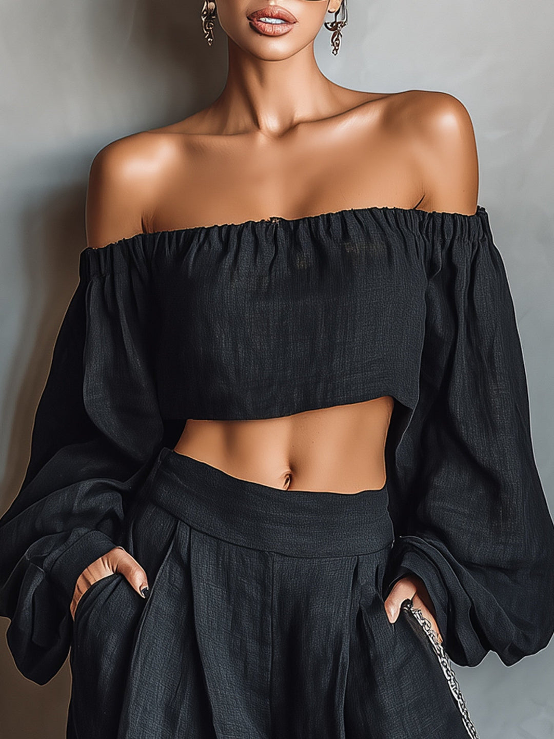 Zwarte Off-shoulder Lange Mouwen Top En Wijde Broek Set