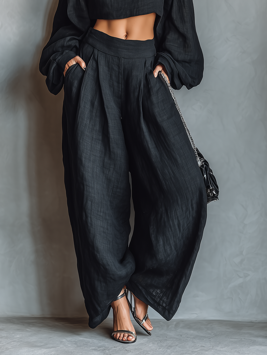 Zwarte Off-shoulder Lange Mouwen Top En Wijde Broek Set