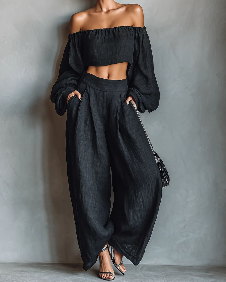 Zwarte Off-shoulder Lange Mouwen Top En Wijde Broek Set