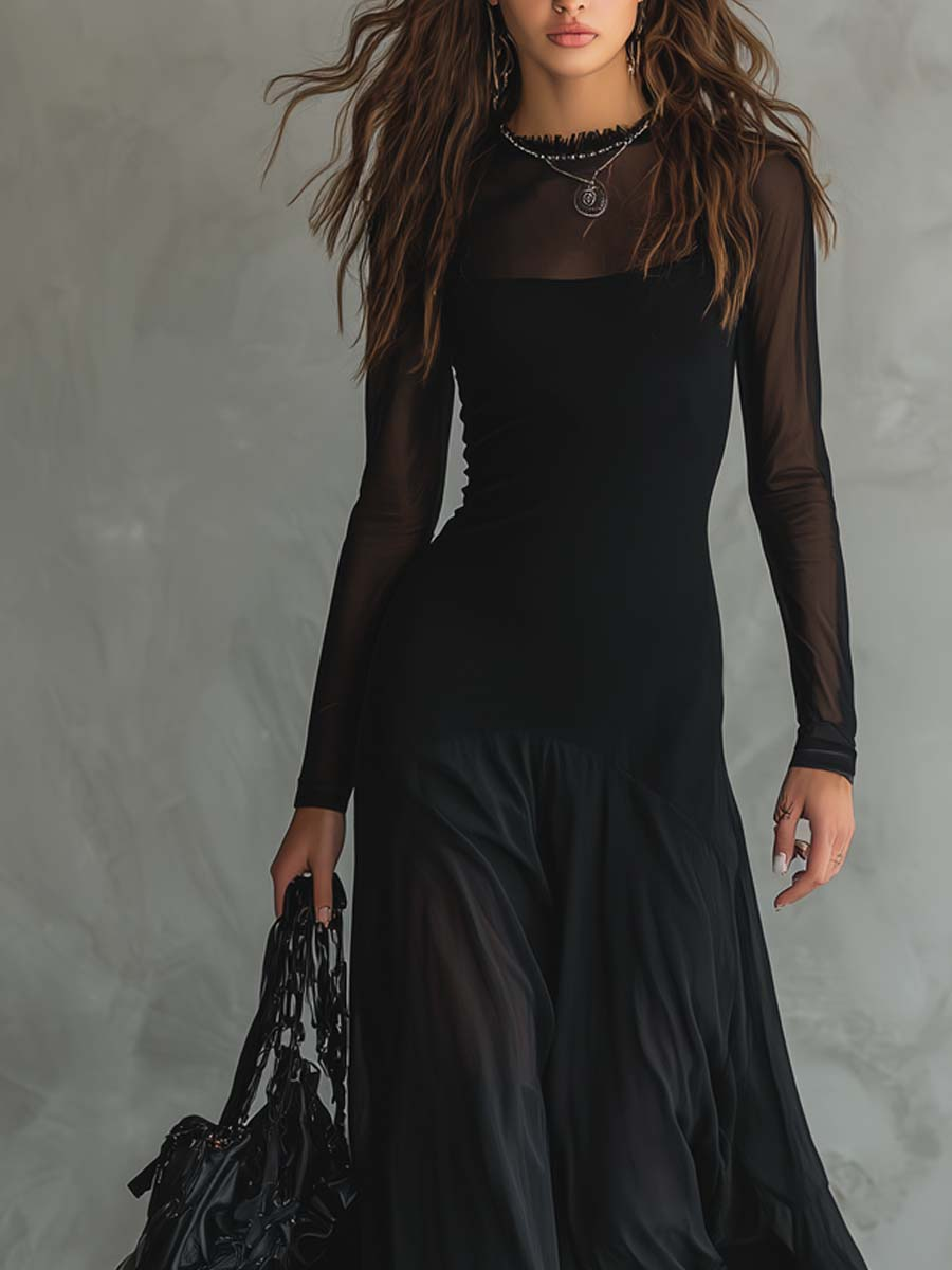 Zwarte Tulle Patchwork Loszittende Maxi Jurk