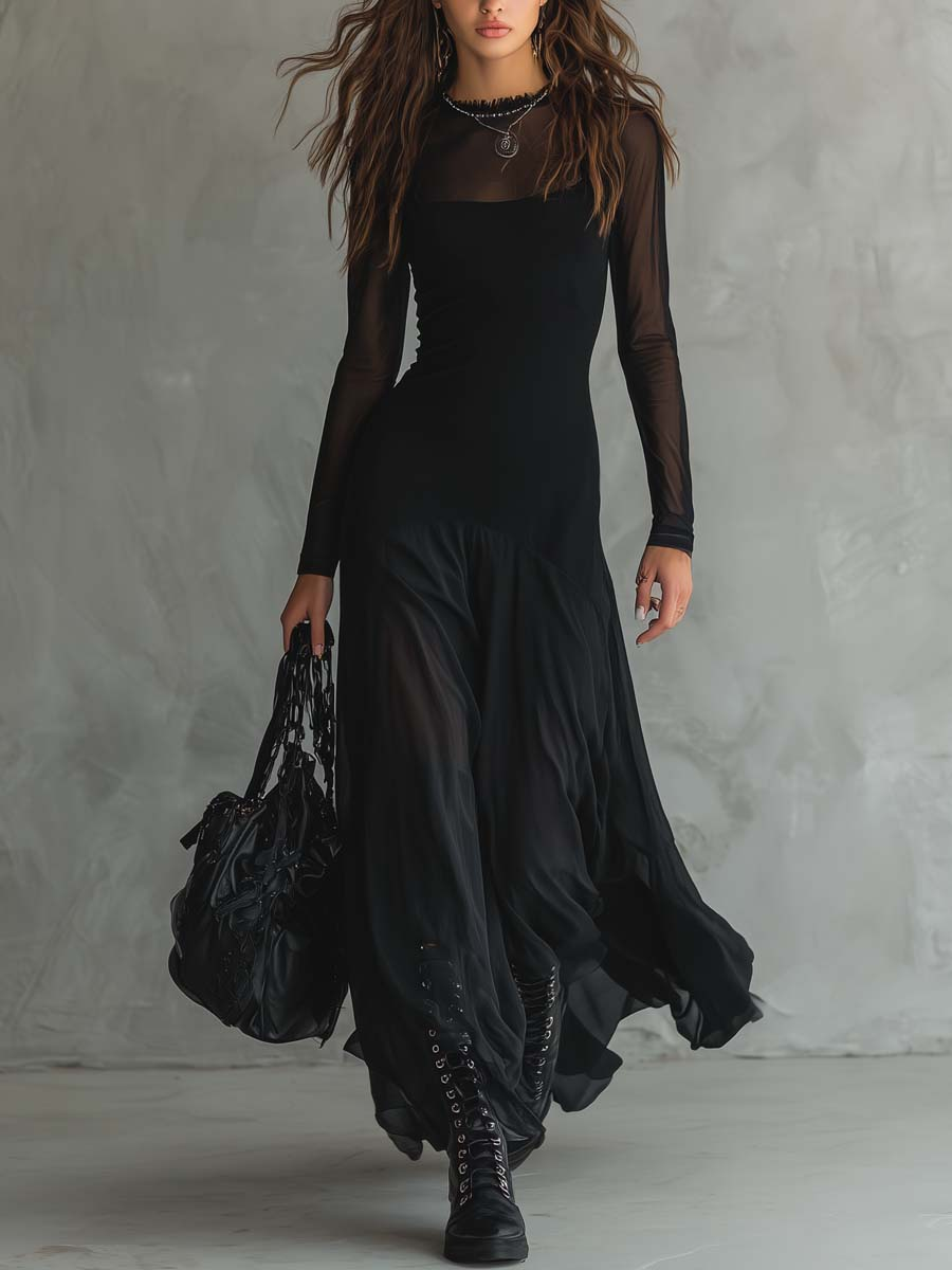 Zwarte Tulle Patchwork Loszittende Maxi Jurk