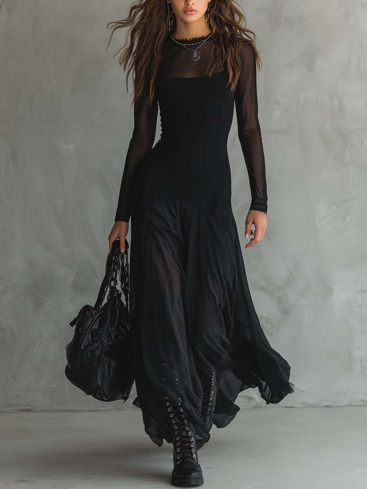 Zwarte Tulle Patchwork Loszittende Maxi Jurk