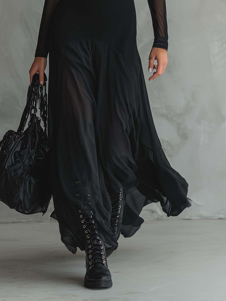 Zwarte Tulle Patchwork Loszittende Maxi Jurk