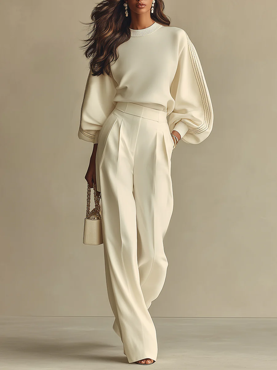 Ivoor Geribbelde Crew Neck Top En Hoge Taille Wijde Pantalon Set