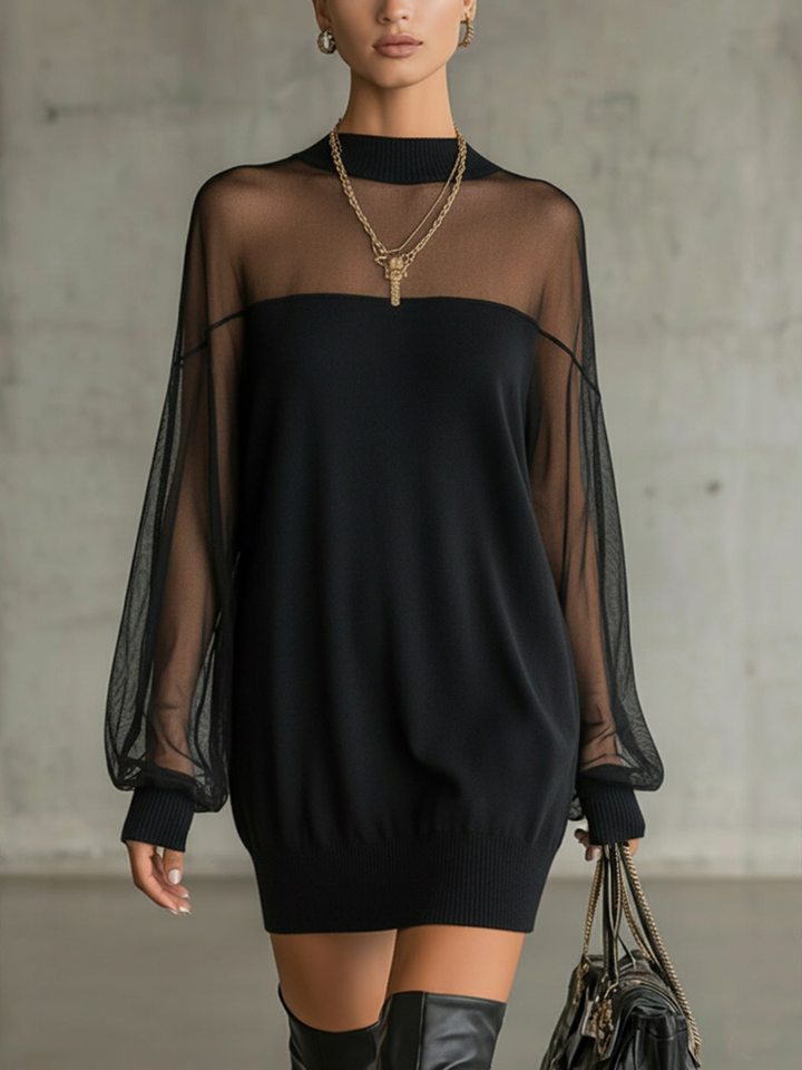 Amélie™ | Elegante Zwarte Mini Jurk met Mesh Mouwen