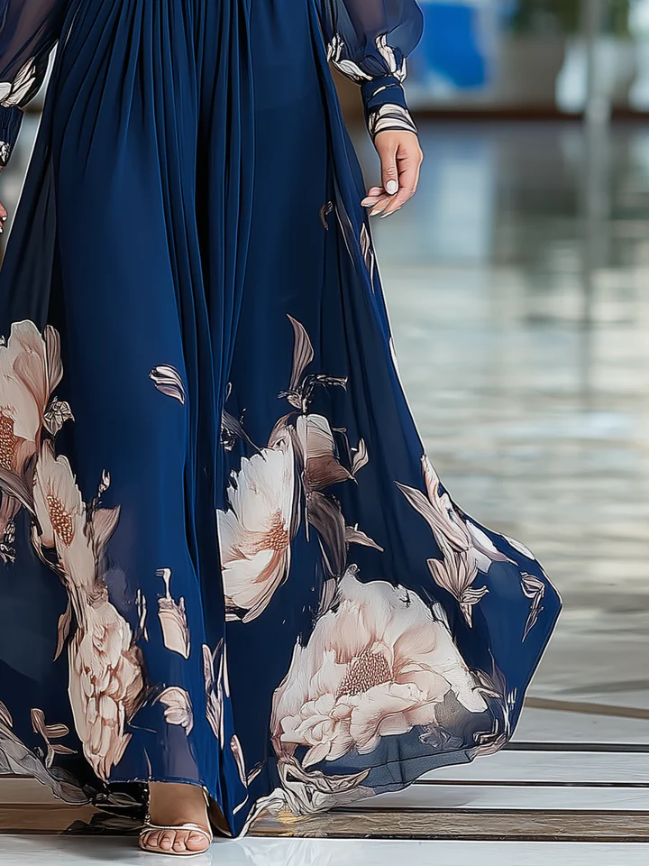 Marineblauwe V-hals Tulle Mouw Geplooide Bloemen Maxi Jurk