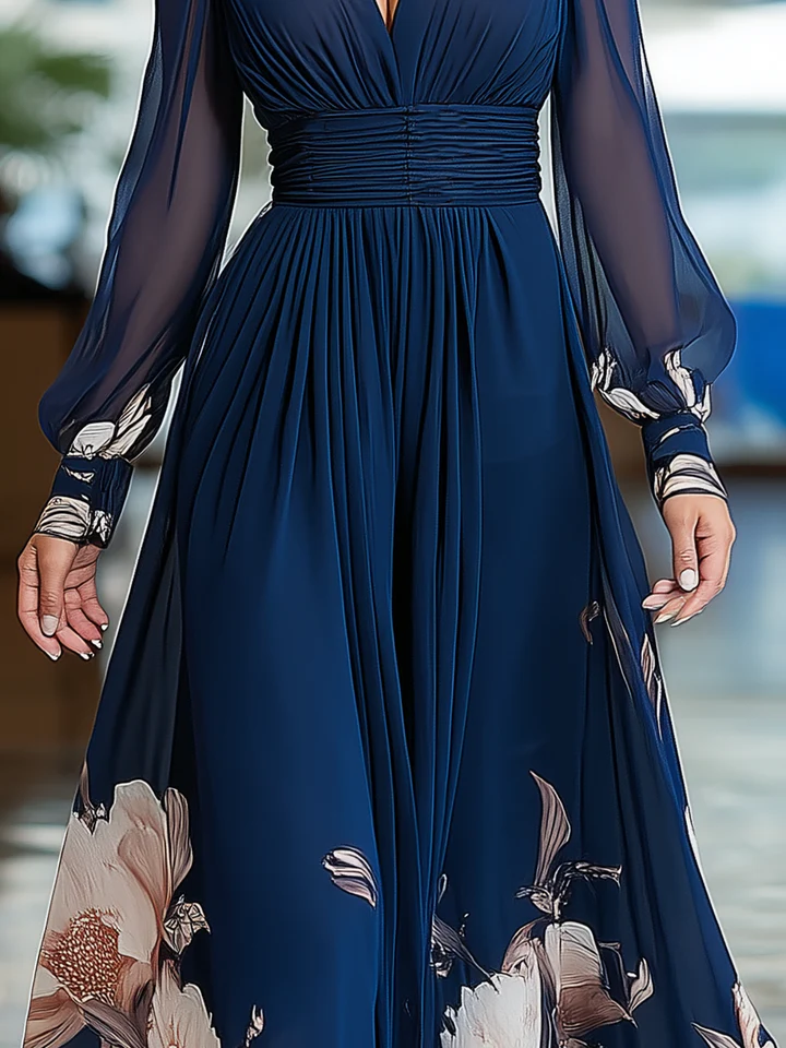 Marineblauwe V-hals Tulle Mouw Geplooide Bloemen Maxi Jurk
