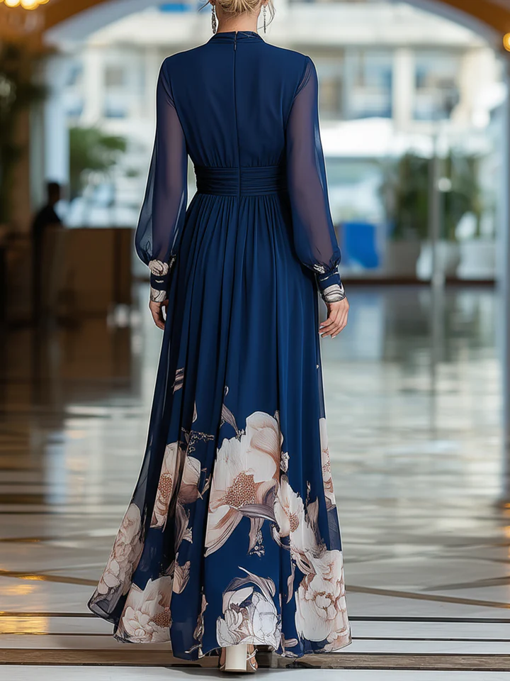 Marineblauwe V-hals Tulle Mouw Geplooide Bloemen Maxi Jurk