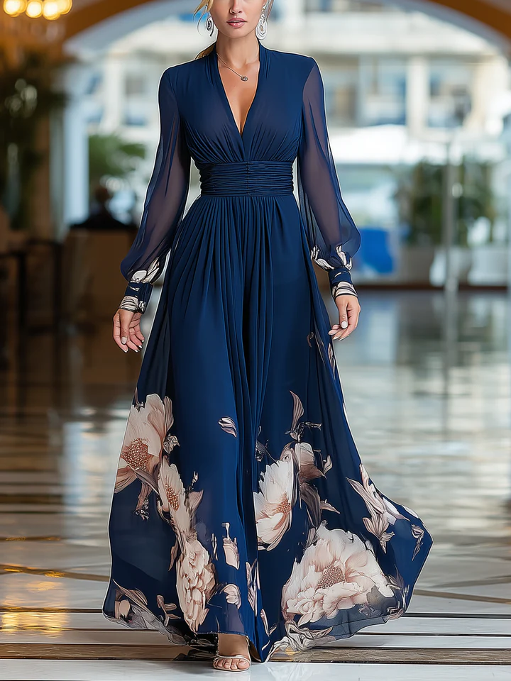 Marineblauwe V-hals Tulle Mouw Geplooide Bloemen Maxi Jurk
