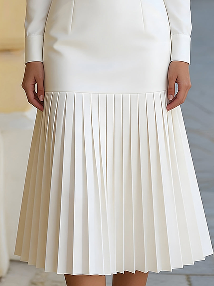 Witte Turtleneck Lange Mouwen Plissé Midi Jurk (met riem)