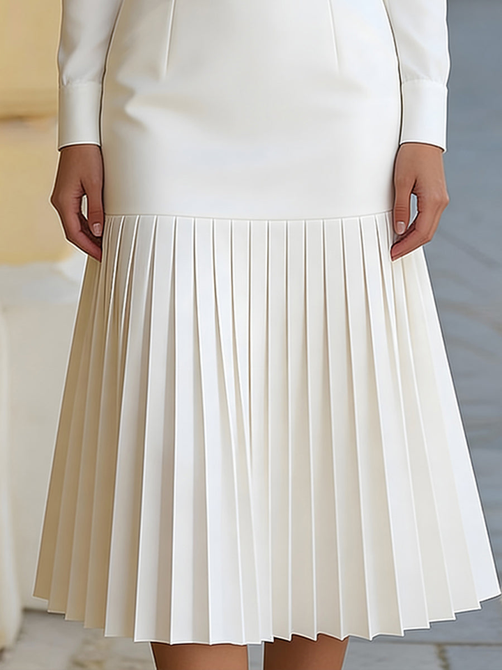 Witte Turtleneck Lange Mouwen Plissé Midi Jurk (met riem)