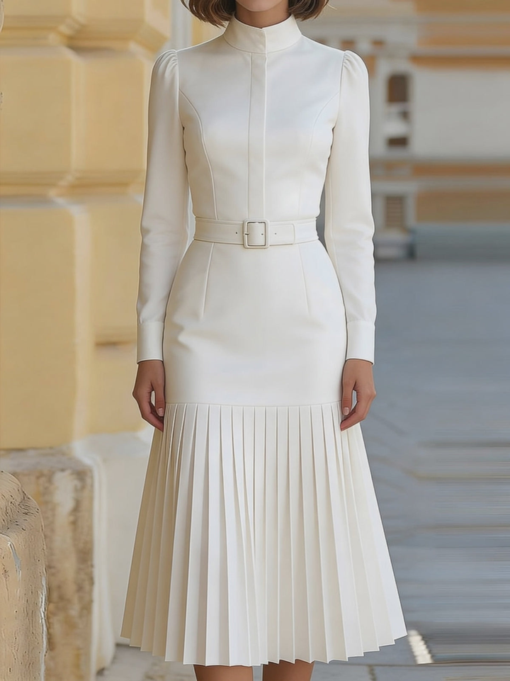 Witte Turtleneck Lange Mouwen Plissé Midi Jurk (met riem)