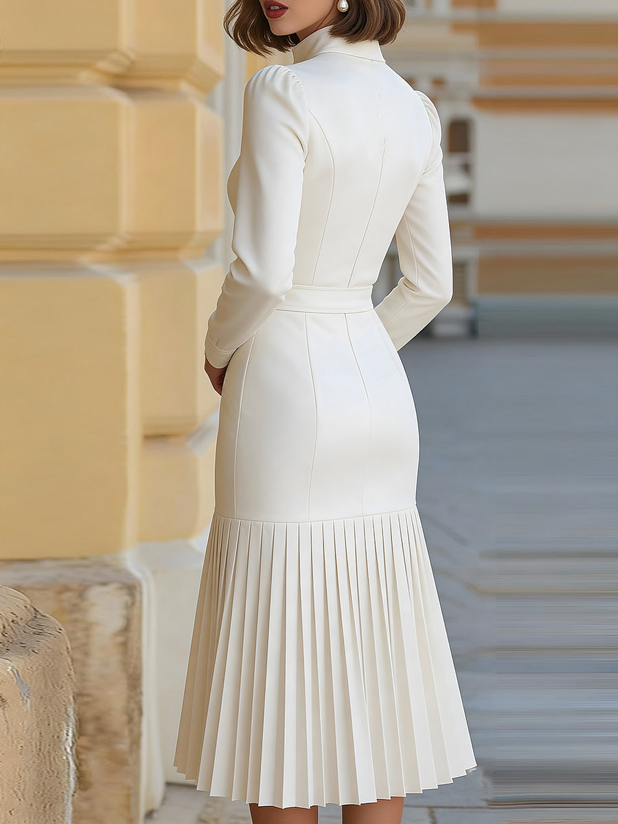 Witte Turtleneck Lange Mouwen Plissé Midi Jurk (met riem)