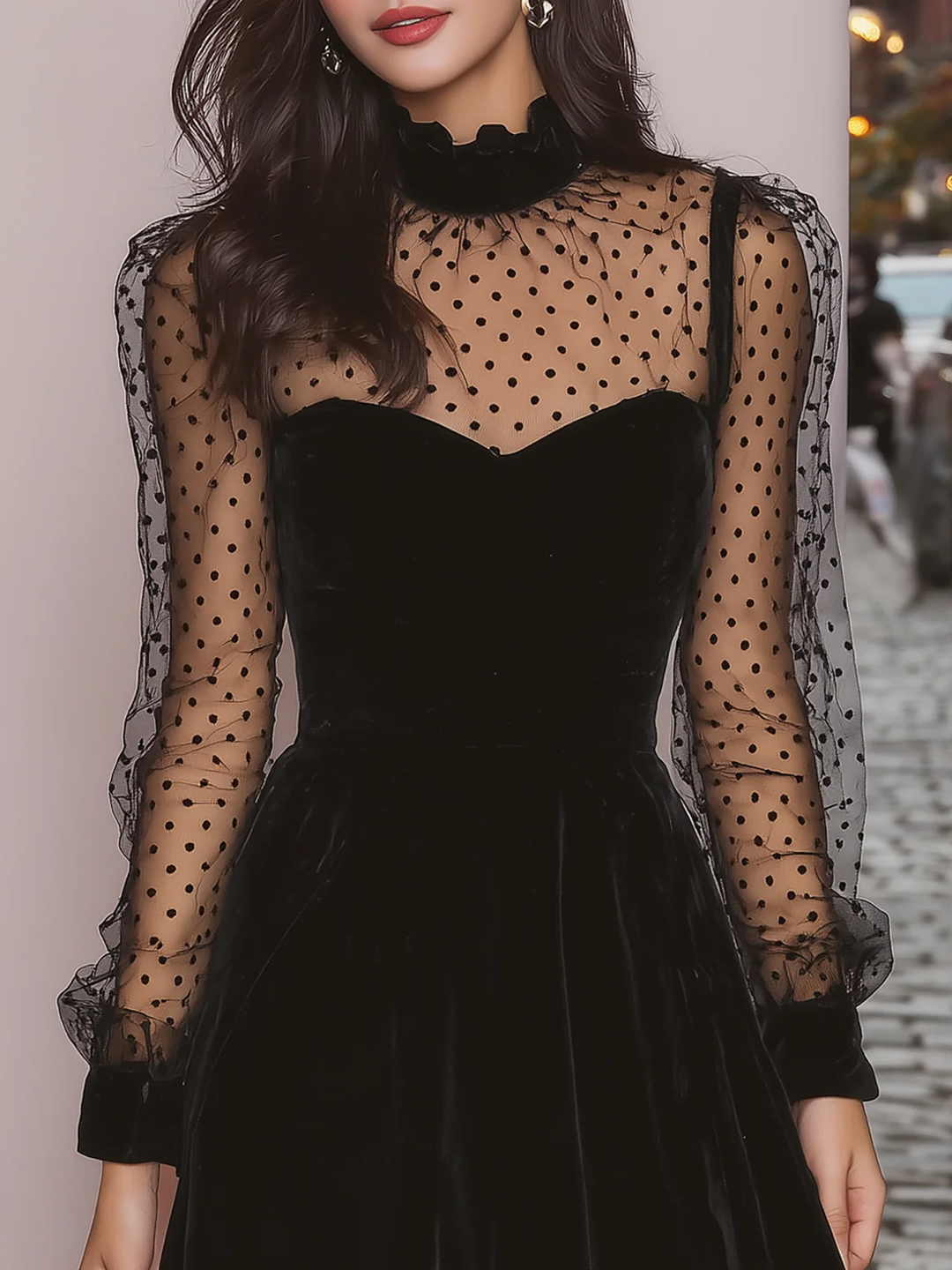 Zwarte Fluwelen Polka Dot Sheer Mouw Mini Jurk