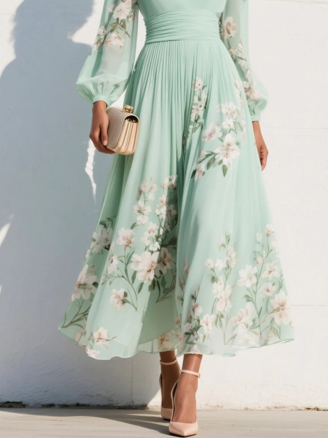 Maxi Plissé Jurk in Muntgroene Chiffon met Bloemenprint voor Dames
