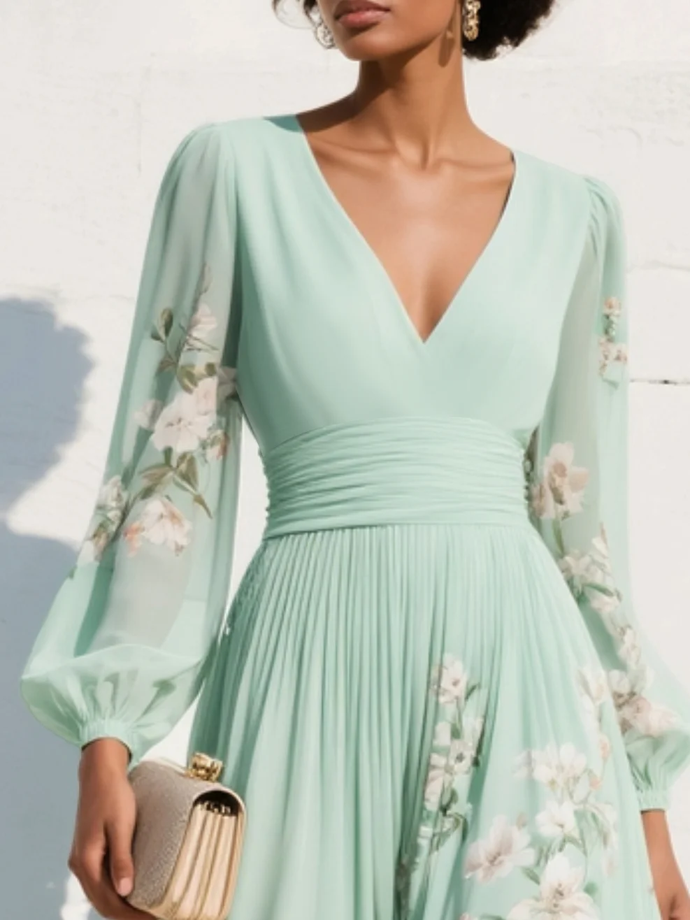 Maxi Plissé Jurk in Muntgroene Chiffon met Bloemenprint voor Dames