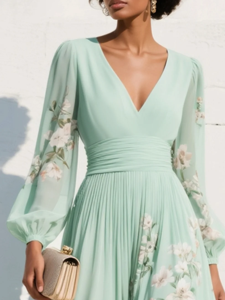 Cisella | Midi jurk lichtgroen met bloemen