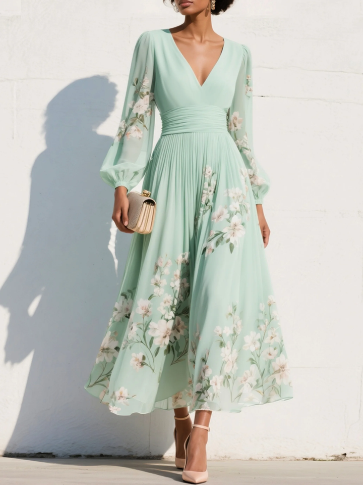 Maxi Plissé Jurk in Muntgroene Chiffon met Bloemenprint voor Dames