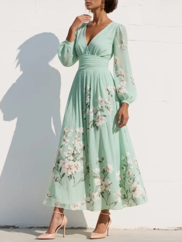 Maxi Plissé Jurk in Muntgroene Chiffon met Bloemenprint voor Dames
