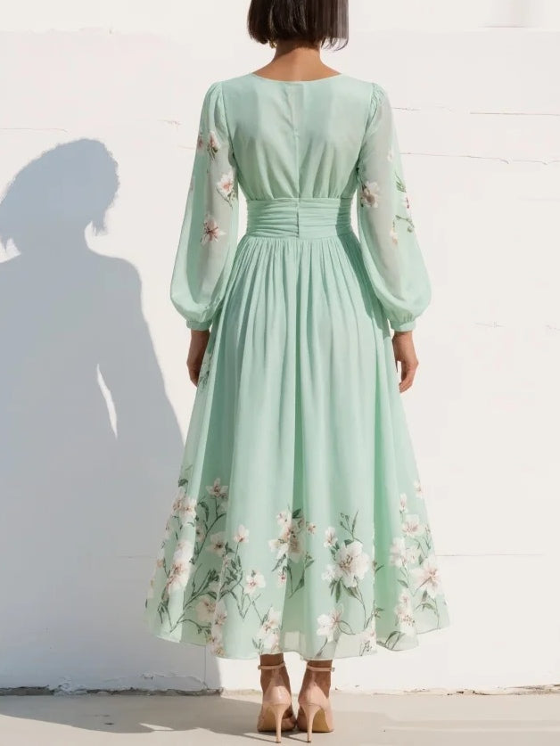 Maxi Plissé Jurk in Muntgroene Chiffon met Bloemenprint voor Dames