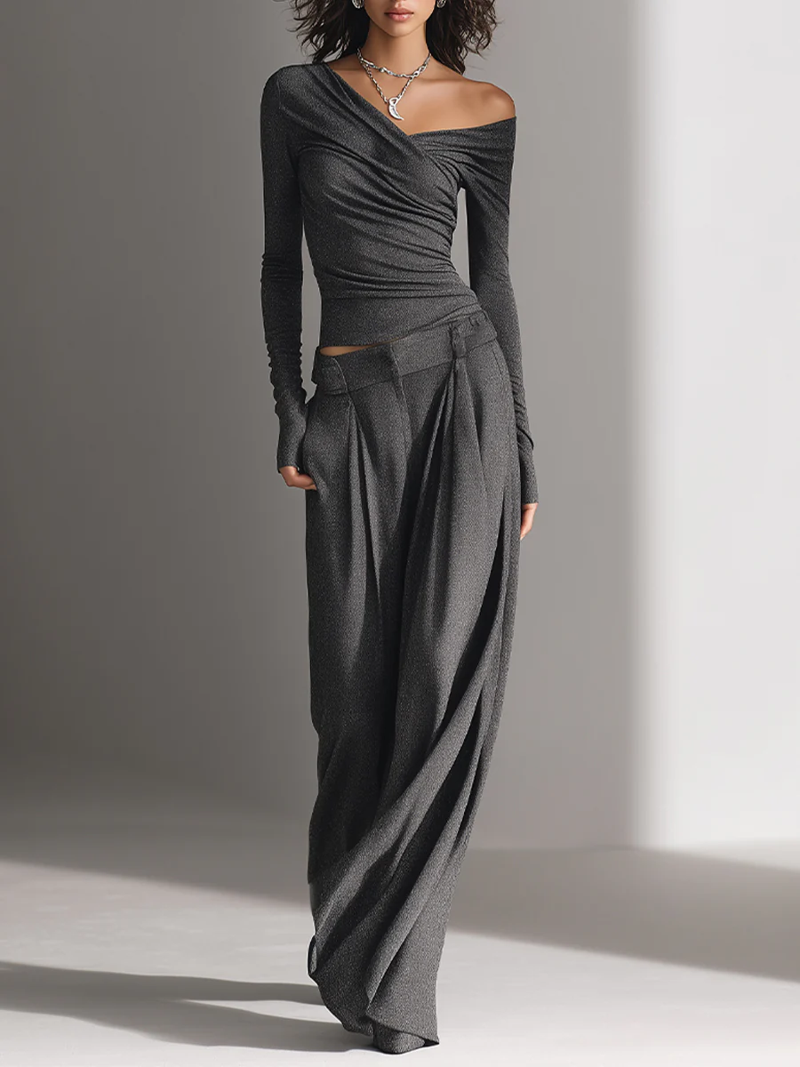 Charcoal Grijze Off-shoulder Top En Wijde Broek Set