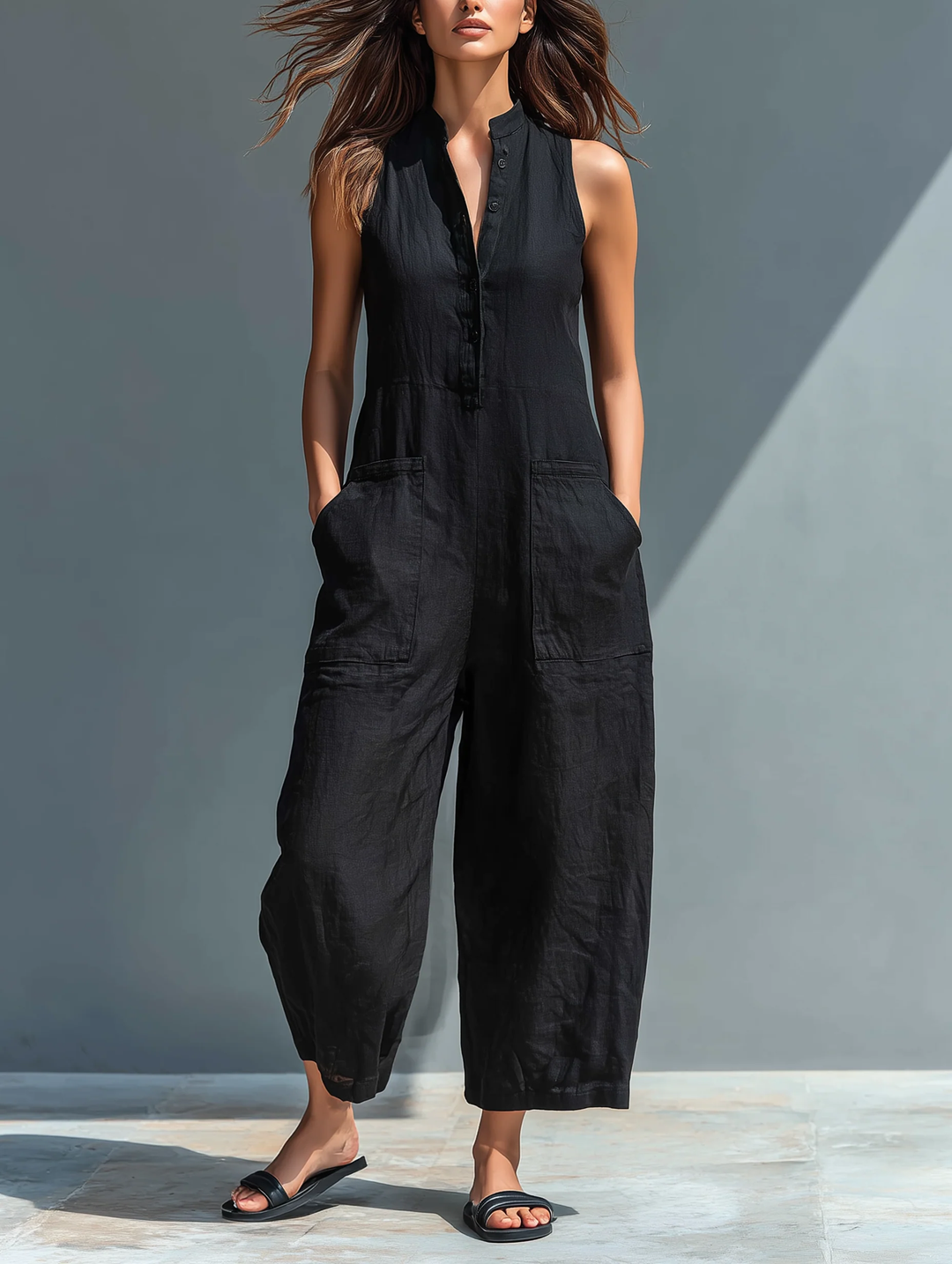 Zwarte Minimalistische Faux Linnen Knop-down Kraag Mouwloze Losse Jumpsuit