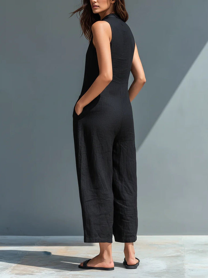 Zwarte Minimalistische Faux Linnen Knop-down Kraag Mouwloze Losse Jumpsuit