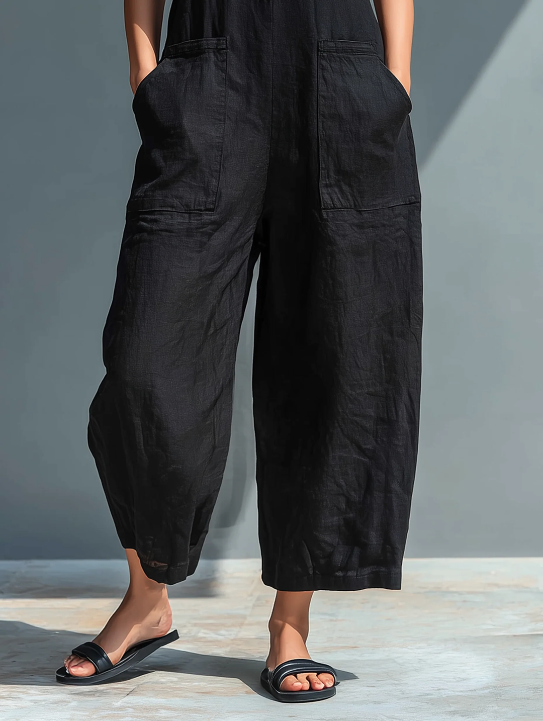 Zwarte Minimalistische Faux Linnen Knop-down Kraag Mouwloze Losse Jumpsuit
