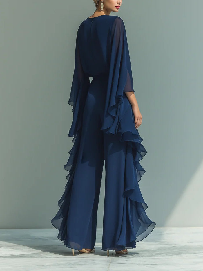 Navy Chiffon Top met Bel Mouwen en Rimpel Rechtaf Pants Set
