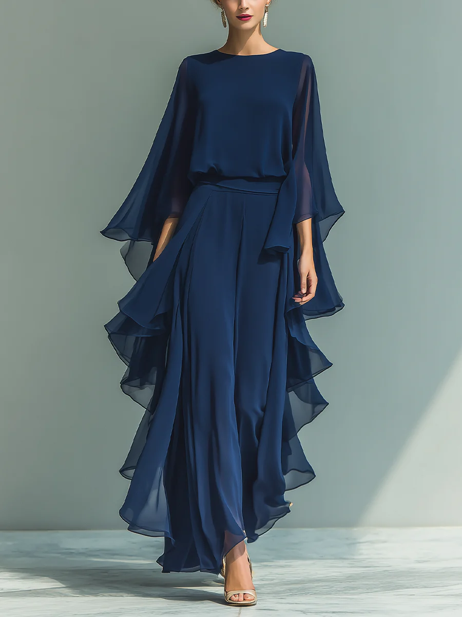 Navy Chiffon Top met Bel Mouwen en Rimpel Rechtaf Pants Set