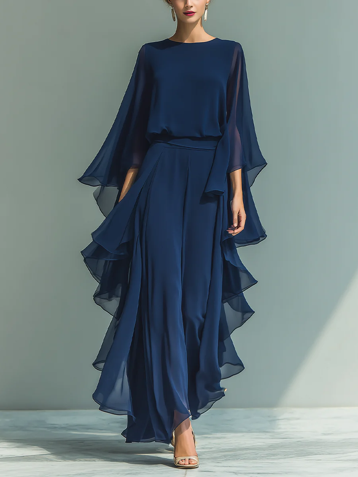 Navy Chiffon Top met Bel Mouwen en Rimpel Rechtaf Pants Set