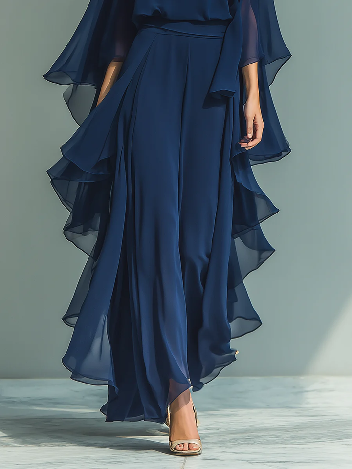 Navy Chiffon Top met Bel Mouwen en Rimpel Rechtaf Pants Set