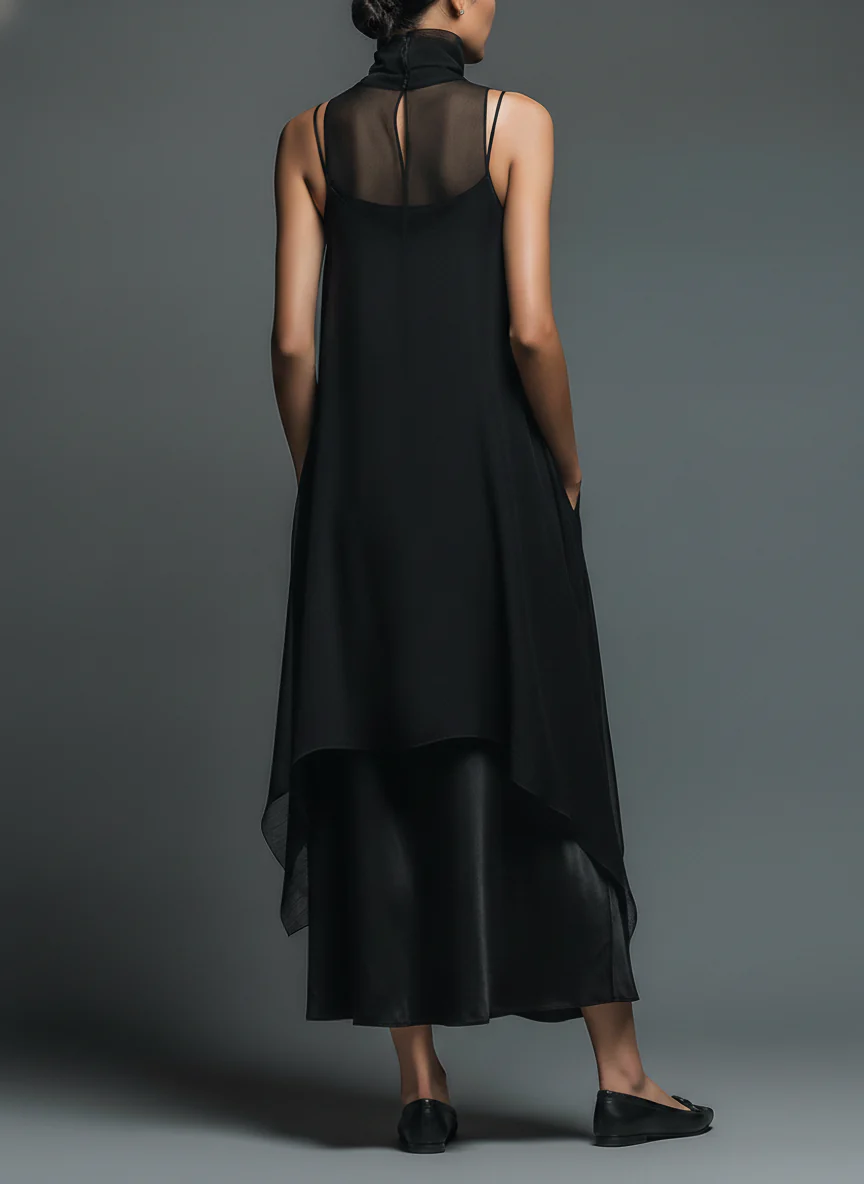 Zwarte Minimalistische Faux Acetaat Fiber Slip Dress Gecombineerd Met Een Chiffon Cover-up Lange Jurk Twee-delige Set