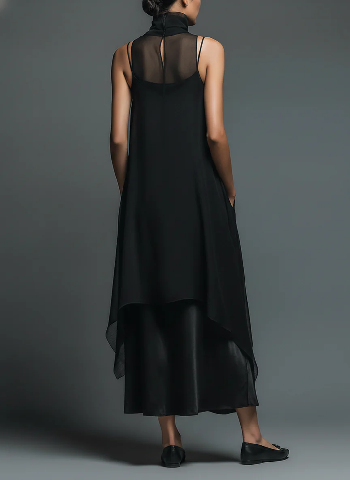 Zwarte Minimalistische Faux Acetaat Fiber Slip Dress Gecombineerd Met Een Chiffon Cover-up Lange Jurk Twee-delige Set