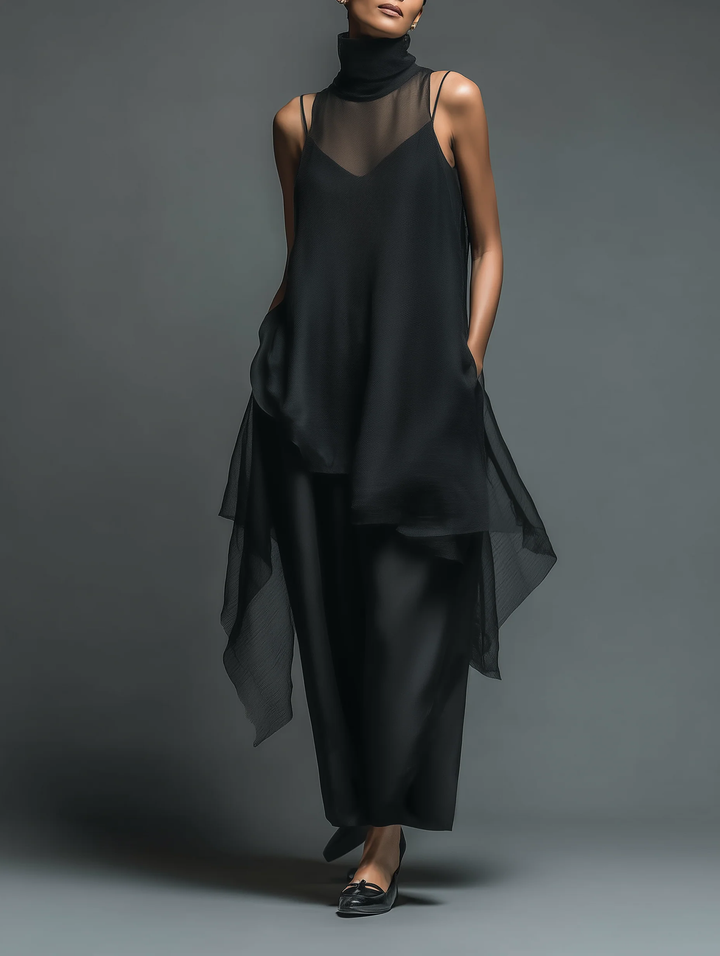 Zwarte Minimalistische Faux Acetaat Fiber Slip Dress Gecombineerd Met Een Chiffon Cover-up Lange Jurk Twee-delige Set