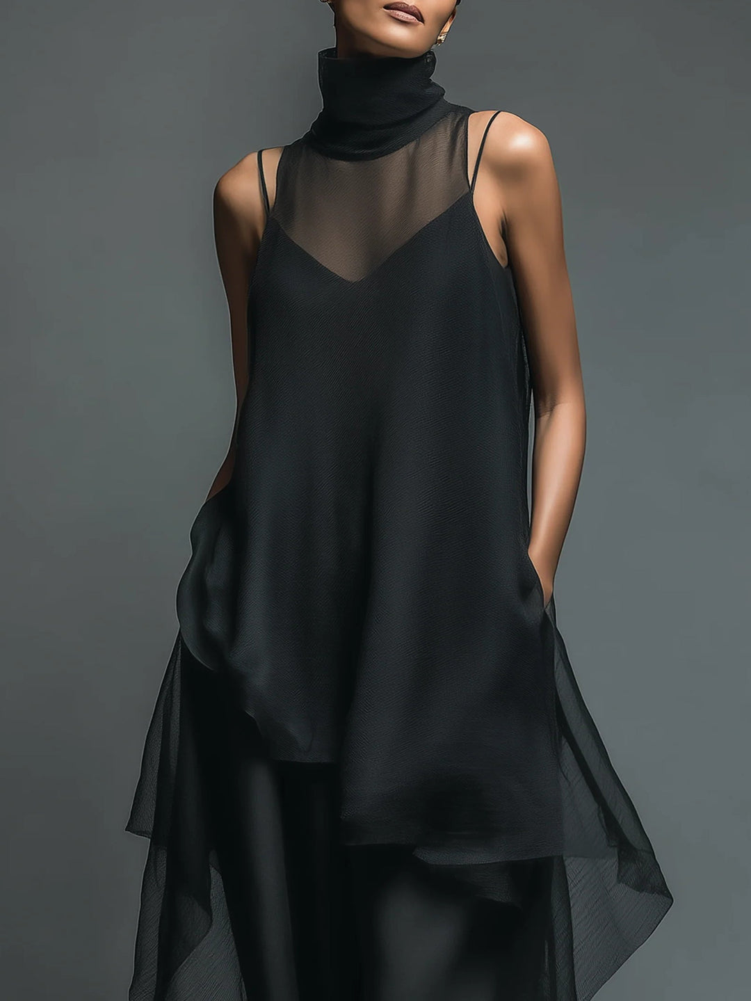 Zwarte Minimalistische Faux Acetaat Fiber Slip Dress Gecombineerd Met Een Chiffon Cover-up Lange Jurk Twee-delige Set
