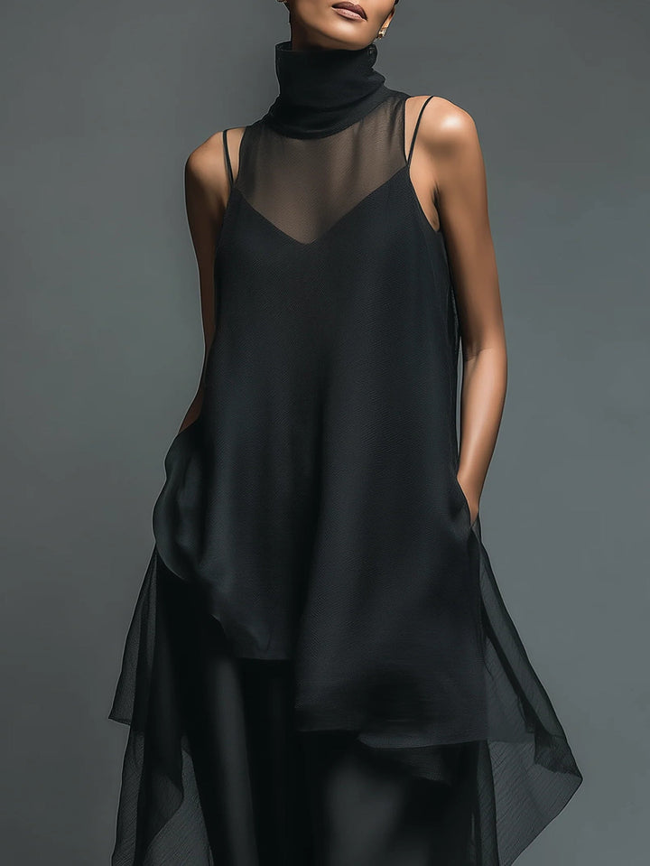 Zwarte Minimalistische Faux Acetaat Fiber Slip Dress Gecombineerd Met Een Chiffon Cover-up Lange Jurk Twee-delige Set
