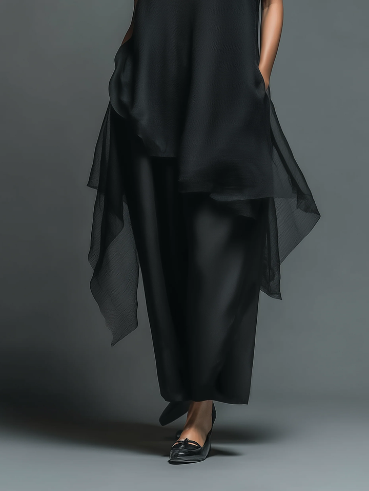 Zwarte Minimalistische Faux Acetaat Fiber Slip Dress Gecombineerd Met Een Chiffon Cover-up Lange Jurk Twee-delige Set