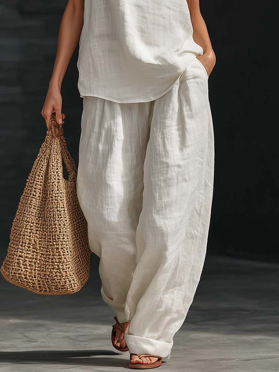 Witte Faux Linnen V-hals Mouwloze Top En Brede Pantalon Set