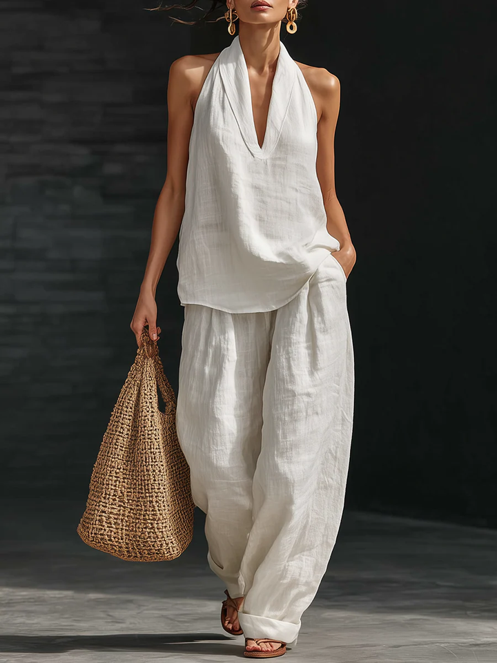 Witte Faux Linnen V-hals Mouwloze Top En Brede Pantalon Set