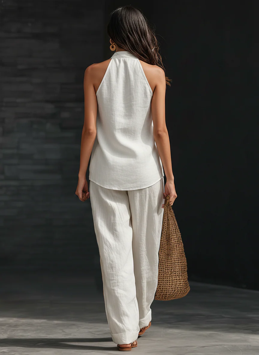 Witte Faux Linnen V-hals Mouwloze Top En Brede Pantalon Set