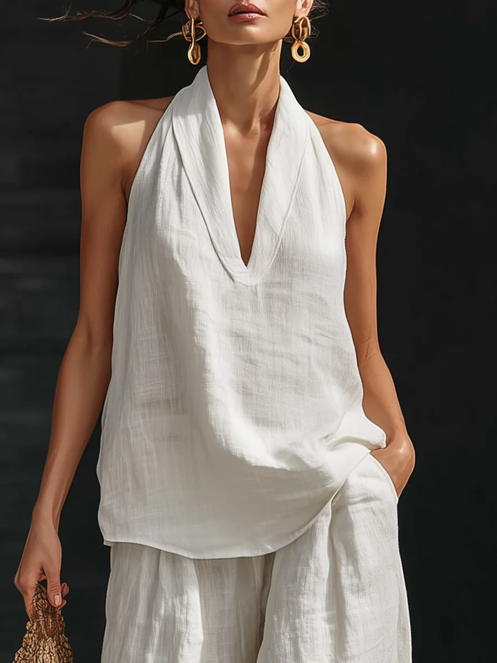 Witte Faux Linnen V-hals Mouwloze Top En Brede Pantalon Set