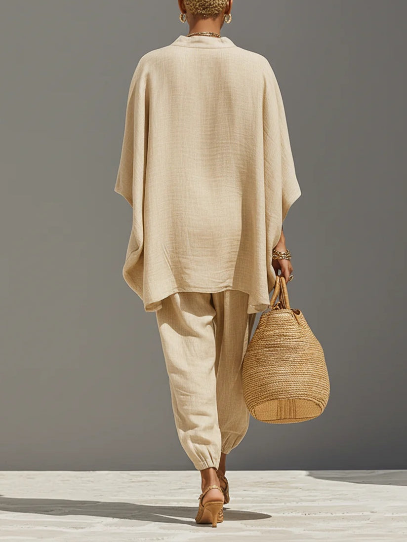 Licht Khaki Minimalistische Asymmetrische Hem Top En Jogger Broek Set