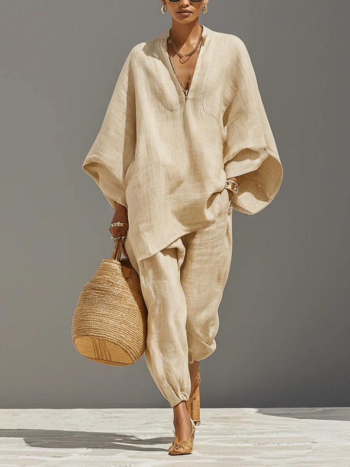 Licht Khaki Minimalistische Asymmetrische Hem Top En Jogger Broek Set